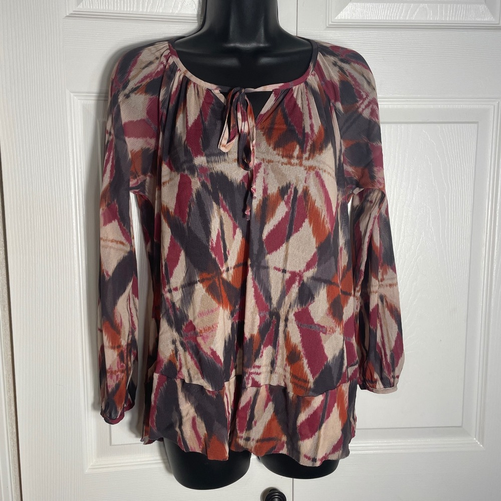 Weston Wear Shirt Women XS Multicolor Ikat Long Sleeve Mesh Sheer Y2K Blouse Top